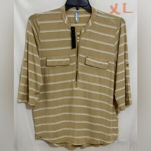 Tan Striped Zip-Up Blouse XL